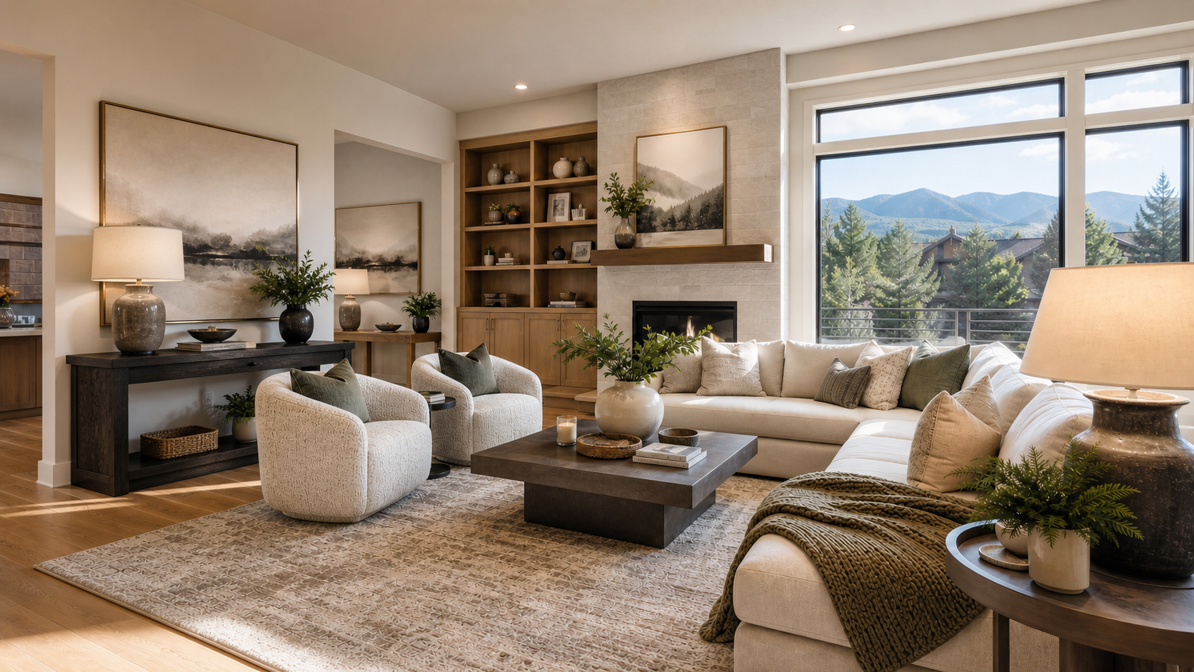 Warm staged living room with layered seating, greenery, and mountain views